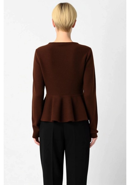 Kadın Bisiklet Yaka Etek Ucu Volanlı Düğmeli Triko Hırka Uzun Kollu Rahat Kesim Günlük Stilinize indirimleri