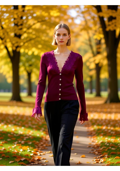 Kadın Dantel Işlemeli V Yaka Fitted Triko Hırka Uzun Kollu Zarif ve Modern Bir Dokunuş Şık