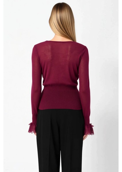 Kadın Dantel Işlemeli V Yaka Fitted Triko Hırka Uzun Kollu Zarif ve Modern Bir Dokunuş Şık indirimleri