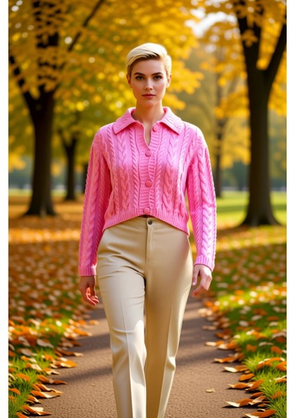 Kadın Düğme Detaylı Saç Örgü Desenli Polo Yaka Crop Kesim Uzun Kollu Orta Kalınlıkta Triko Hırka