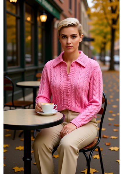 Kadın Düğme Detaylı Saç Örgü Desenli Polo Yaka Crop Kesim Uzun Kollu Orta Kalınlıkta Triko Hırka fiyatları