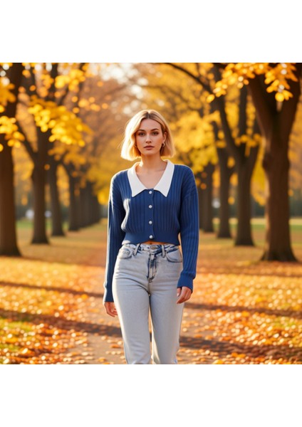 Kadın Bebe Yaka Detaylı Fitilli Triko Crop Hırka Düşük Omuzlu Uzun Kollu Rahat ve Şık Tasarım