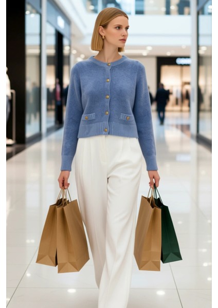 Kadın Premium Iplik Crop Triko Hırka Cep Detaylı Düğmeli Uzun Kollu Bisiklet Yaka Casual Şıklık modelleri