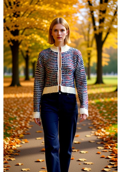 Kadın Sıcak Tutan Oversize Crop Dik Yaka Geometrik Örgü Desenli Uzun Kollu Triko Hırka Kış