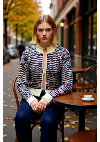 Kadın Sıcak Tutan Oversize Crop Dik Yaka Geometrik Örgü Desenli Uzun Kollu Triko Hırka Kış fiyatları