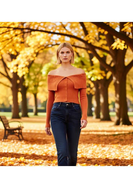 Kadın Crop Fitilli Triko Hırka Carmen Yaka Detaylı Vücudu Saran Uzun Kollu Şık Tasarım Spor