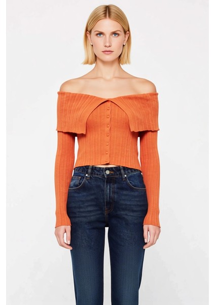 Kadın Crop Fitilli Triko Hırka Carmen Yaka Detaylı Vücudu Saran Uzun Kollu Şık Tasarım Spor fırsatları