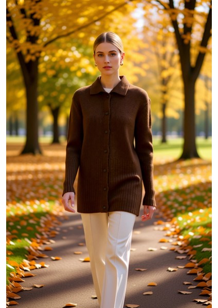 Kadın Regular Kalıp Düğmeli Gömlek Yaka Uzun Kollu Fitilli Triko Hırka Günlük Şıklık ve Konfor