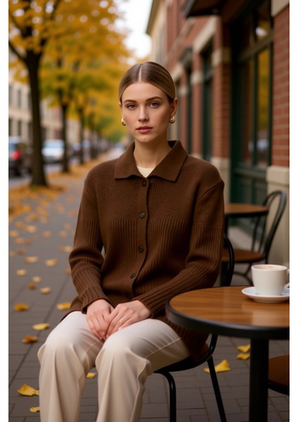 Kadın Regular Kalıp Düğmeli Gömlek Yaka Uzun Kollu Fitilli Triko Hırka Günlük Şıklık ve Konfor fiyatları