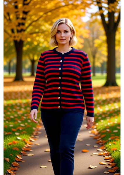 Kadın Çizgili Triko Hırka Ceket Görünümlü Rahat Kesim Uzun Kollu Şık Düğmeli Tasarım Günlük