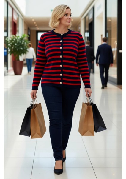 Kadın Çizgili Triko Hırka Ceket Görünümlü Rahat Kesim Uzun Kollu Şık Düğmeli Tasarım Günlük modelleri