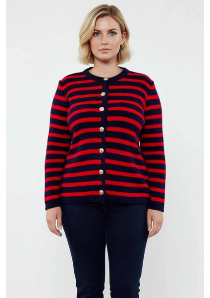 Kadın Çizgili Triko Hırka Ceket Görünümlü Rahat Kesim Uzun Kollu Şık Düğmeli Tasarım Günlük fırsatları