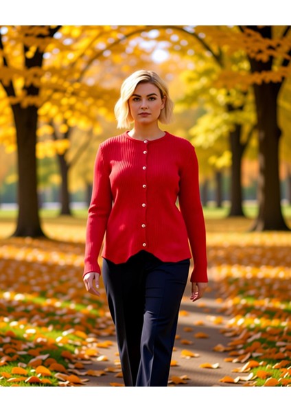 Kadın Bisiklet Yaka Fitilli Triko Hırka Düğmeli Tasarım Uzun Kollu Rahat Kalıp Günlük Şıklık