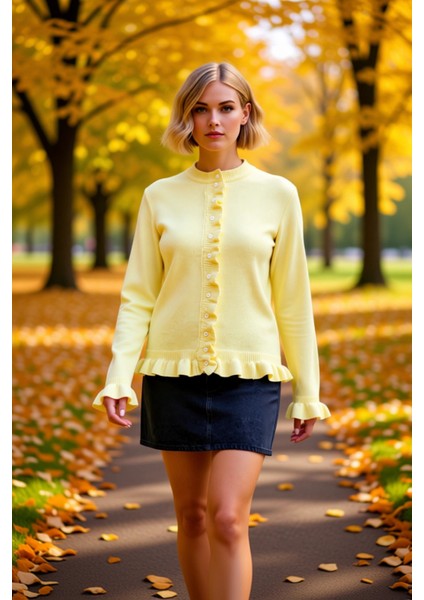 Kadın Volan Detaylı Yumuşak Dokulu Düğmeli Örme Hırka Rahat Kalıp Günlük Şıklık Sunar Spor