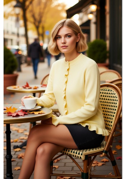 Kadın Volan Detaylı Yumuşak Dokulu Düğmeli Örme Hırka Rahat Kalıp Günlük Şıklık Sunar Spor fiyatları