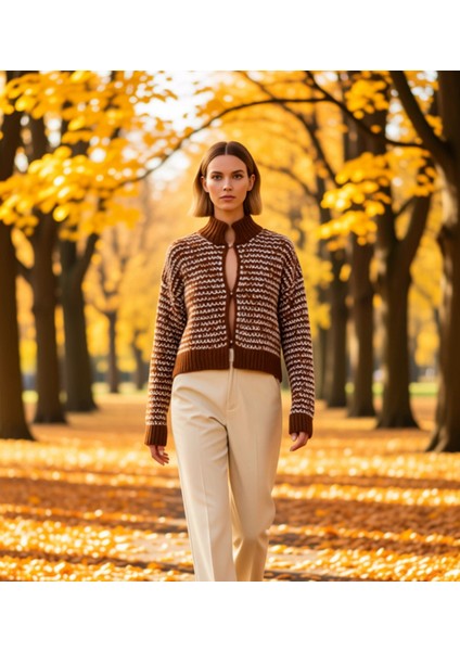 Kadın Sıcak Tutan Oversize Crop Dik Yaka Geometrik Örgü Desenli Uzun Kollu Triko Hırka Kış