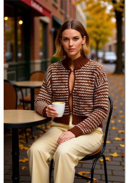 Kadın Sıcak Tutan Oversize Crop Dik Yaka Geometrik Örgü Desenli Uzun Kollu Triko Hırka Kış fiyatları