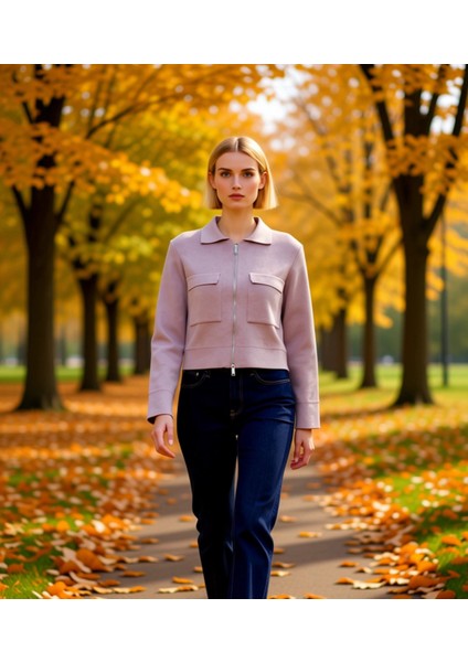 Kadın Modern Polo Yaka Fermuarlı Önü Cepli Uzun Kollu Rahat Kalıp Kısa Triko Ceket Günlük Şıklık