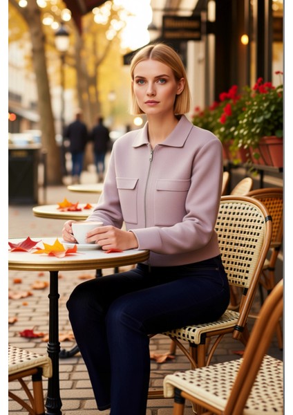 Kadın Modern Polo Yaka Fermuarlı Önü Cepli Uzun Kollu Rahat Kalıp Kısa Triko Ceket Günlük Şıklık fiyatları