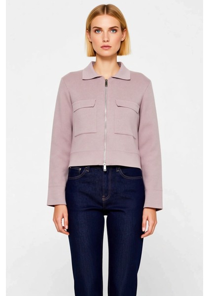 Kadın Modern Polo Yaka Fermuarlı Önü Cepli Uzun Kollu Rahat Kalıp Kısa Triko Ceket Günlük Şıklık fırsatları