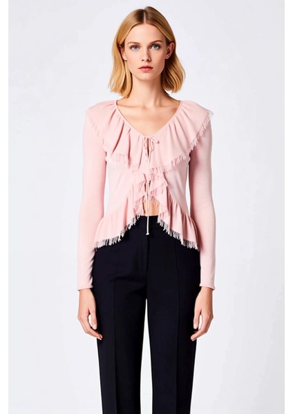 Kadın Özel Iplik Fırfır Detaylı V Yaka Bağlamalı Crop Kesim Uzun Kollu Ince Triko Hırka Şık ve Rahat fırsatları