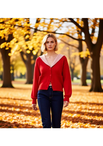 Kadın Devrik Yakalı Renk Bloklu Yumuşak Dokulu Triko Hırka Günlük Şıklık ve Konfor Estetik