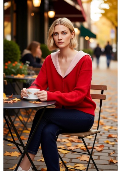 Kadın Devrik Yakalı Renk Bloklu Yumuşak Dokulu Triko Hırka Günlük Şıklık ve Konfor Estetik fiyatları