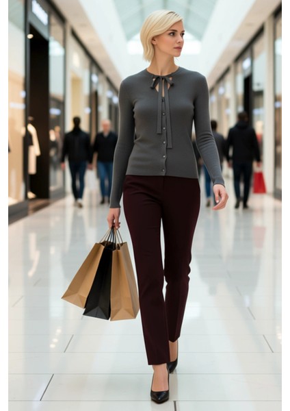 Kadın Merserize Dokulu Bağlama Detaylı Vücuda Oturan Uzun Kollu Düğmeli Triko Hırka Modern modelleri