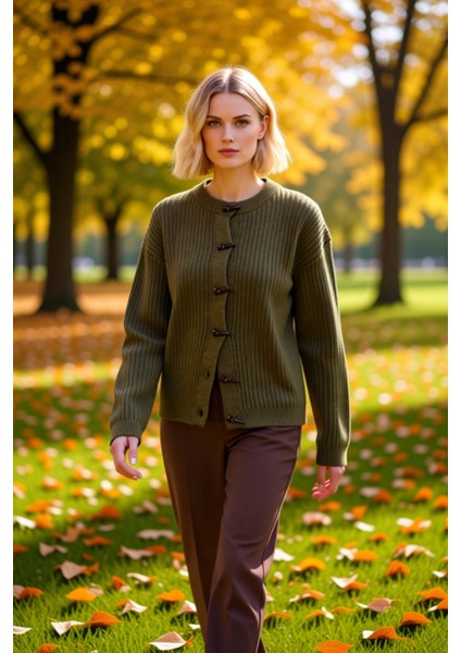 Kadın Ribanalı Dokulu Triko Hırka Düğme Detaylı Rahat ve Şık Görünüm Sunan Örgü Tasarım Spor