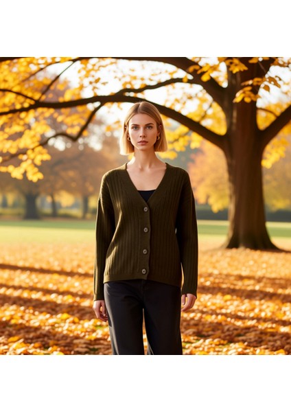 Kadın Konforlu Fitilli Dokulu Geniş Kalıp V Yaka Triko Hırka Günlük Şıklık ve Sağlar Rahat