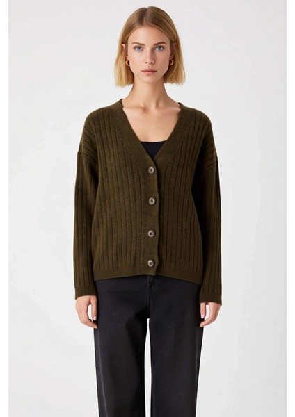 Kadın Konforlu Fitilli Dokulu Geniş Kalıp V Yaka Triko Hırka Günlük Şıklık ve Sağlar Rahat fırsatları