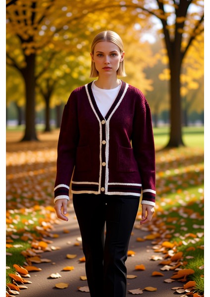 Kadın Geniş Kalıp V Yaka Düşük Kol Renk Bloklu Uzun Triko Hırka ve Rahatlığı Birleştirir Şık