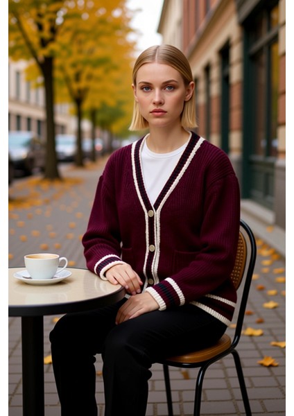 Kadın Geniş Kalıp V Yaka Düşük Kol Renk Bloklu Uzun Triko Hırka ve Rahatlığı Birleştirir Şık fiyatları