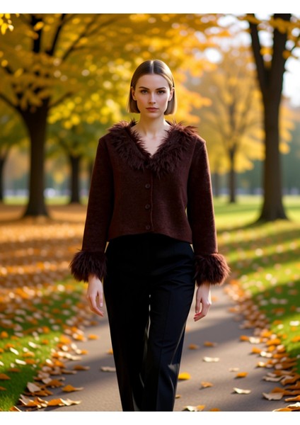 Kadın Özel Iplik Otriş ve Kürk Detayları Ile Tasarlanmış Regular Kesim Uzun Kollu Triko Hırka