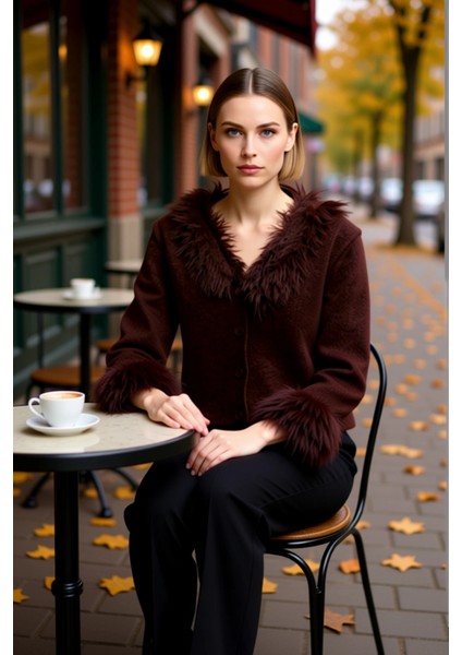 Kadın Özel Iplik Otriş ve Kürk Detayları Ile Tasarlanmış Regular Kesim Uzun Kollu Triko Hırka fiyatları