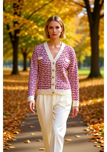 Kadın Desenli V Yaka Düşük Kol Rahat Kalıp Şık Düğmeli Örme Triko Hırka Günlük Şıklık Kombin