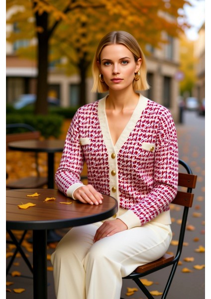 Kadın Desenli V Yaka Düşük Kol Rahat Kalıp Şık Düğmeli Örme Triko Hırka Günlük Şıklık Kombin fiyatları