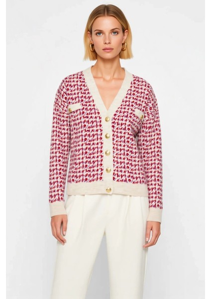 Kadın Desenli V Yaka Düşük Kol Rahat Kalıp Şık Düğmeli Örme Triko Hırka Günlük Şıklık Kombin fırsatları