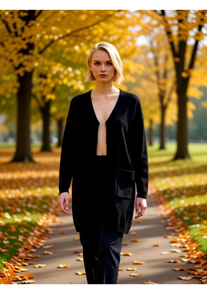 Kadın Uzun Oversize Düşük Kol V Yaka Cepli Yumuşak Dokulu Rahat Modern Tek Plaka Örgü Triko Hırka