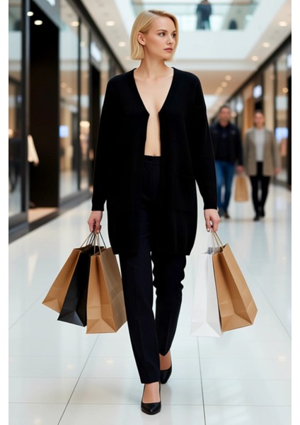 Kadın Uzun Oversize Düşük Kol V Yaka Cepli Yumuşak Dokulu Rahat Modern Tek Plaka Örgü Triko Hırka modelleri