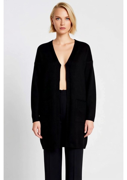 Kadın Uzun Oversize Düşük Kol V Yaka Cepli Yumuşak Dokulu Rahat Modern Tek Plaka Örgü Triko Hırka fırsatları