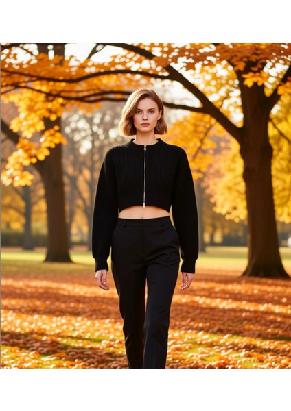 Kadın Fermuar Detaylı Bisiklet Yaka Crop Triko Hırka Fonksiyonel Dayanıklı Kaliteli Modern