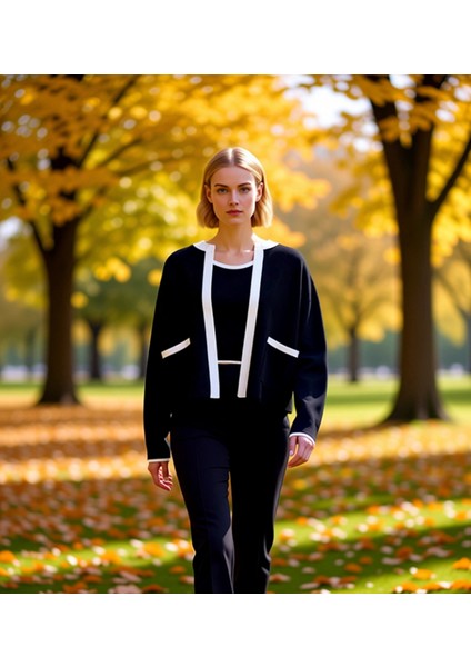 Kadın Konforlu Iki Parça Triko Takım Düşük Kollu Bisiklet Yaka Bluz ve Açık Hırka Seti Şık