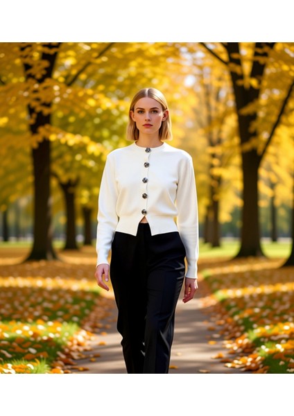 Kadın Regular Kalıp Gül Düğmeli Crop Triko Hırka Ceket Görünümlü Modern Şıklık Sunumu Spor