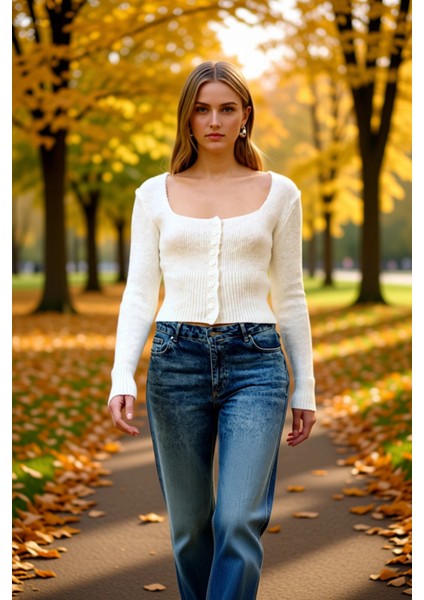 Kadın Crop Kare Yaka Fitilli Triko Hırka Vücudu Saran Yumuşak Dokulu Uzun Kollu Ince Örgü Şık