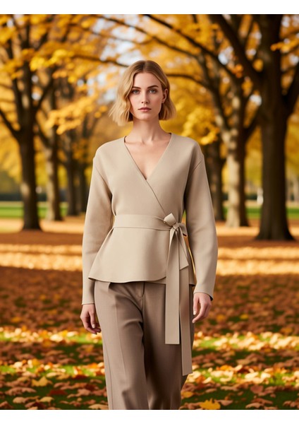 Kadın Kruvaze Bağlama Detaylı Fitilli Triko Bluz Günlük ve Iş Hayatına Uygun Uzun Kollu Üst Giyim