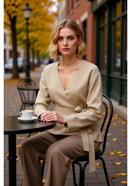 Kadın Kruvaze Bağlama Detaylı Fitilli Triko Bluz Günlük ve Iş Hayatına Uygun Uzun Kollu Üst Giyim fiyatları