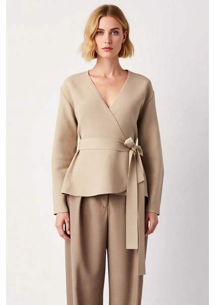 Kadın Kruvaze Bağlama Detaylı Fitilli Triko Bluz Günlük ve Iş Hayatına Uygun Uzun Kollu Üst Giyim fırsatları