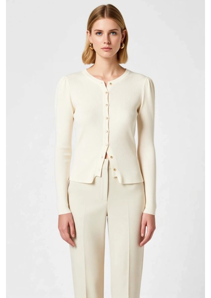 Kadın Merserize Görünümlü Fitilli Dokuma Bisiklet Yaka Uzun Kollu Crop Triko Hırka Modern Şıklık fırsatları