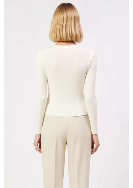 Kadın Merserize Görünümlü Fitilli Dokuma Bisiklet Yaka Uzun Kollu Crop Triko Hırka Modern Şıklık indirimleri